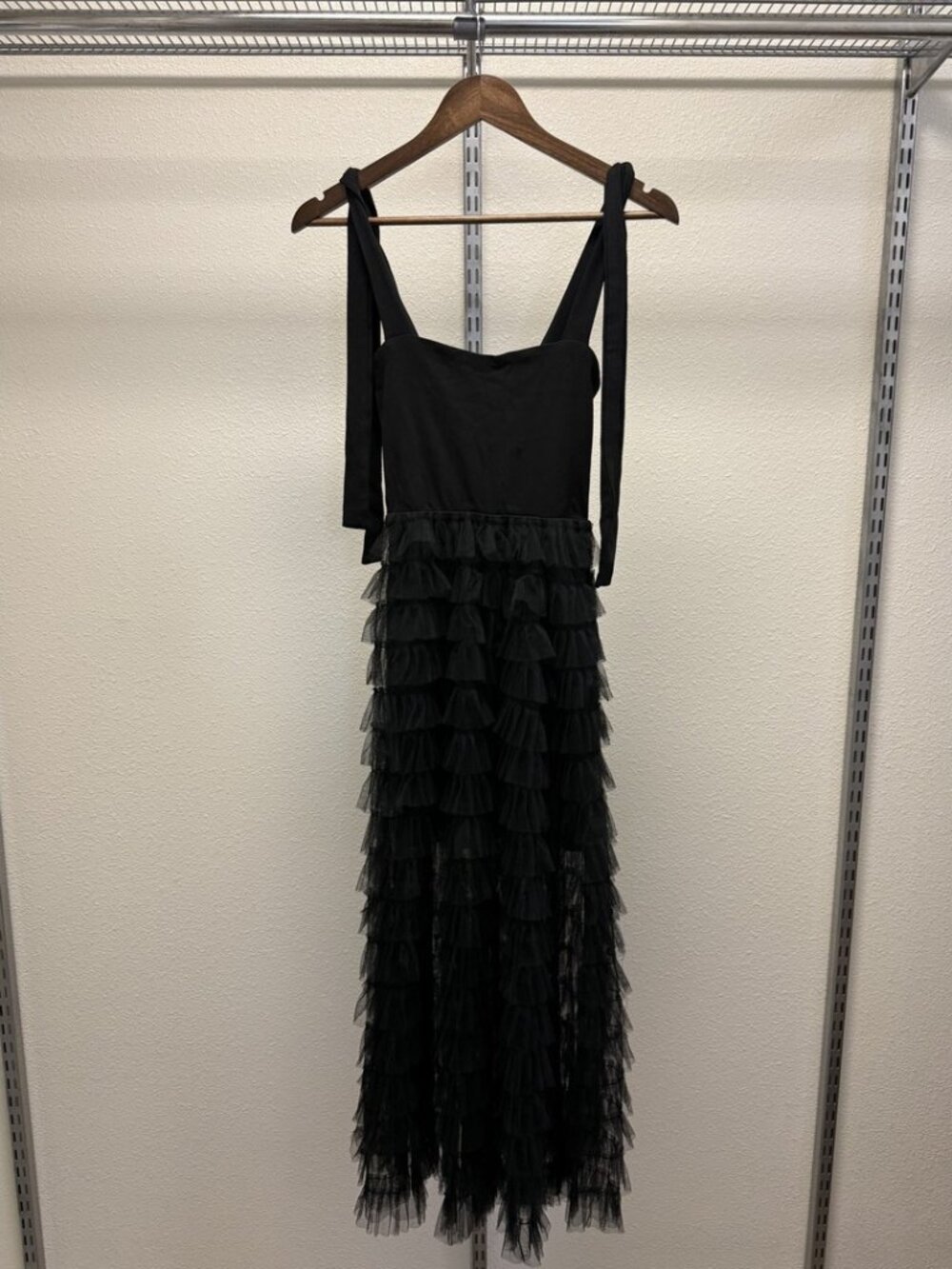 Black Balletcore Tiered Tulle Ruffle Maxi Dress Sweetheart Bow Tie Straps XS S